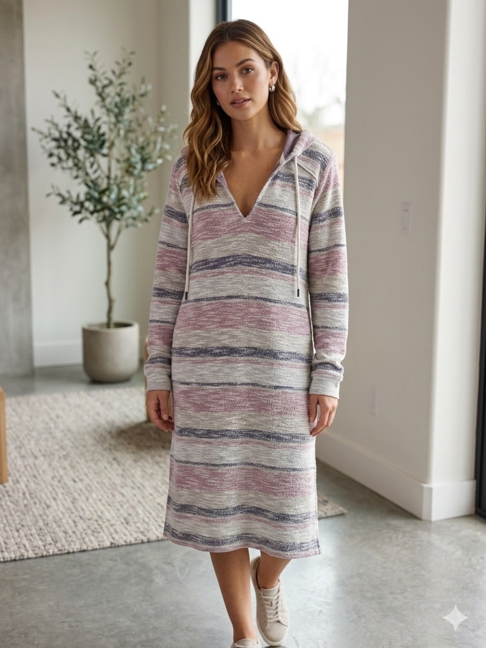 Free People Striped Hooded in Pink Gray & White Swim Cover-Up Size L